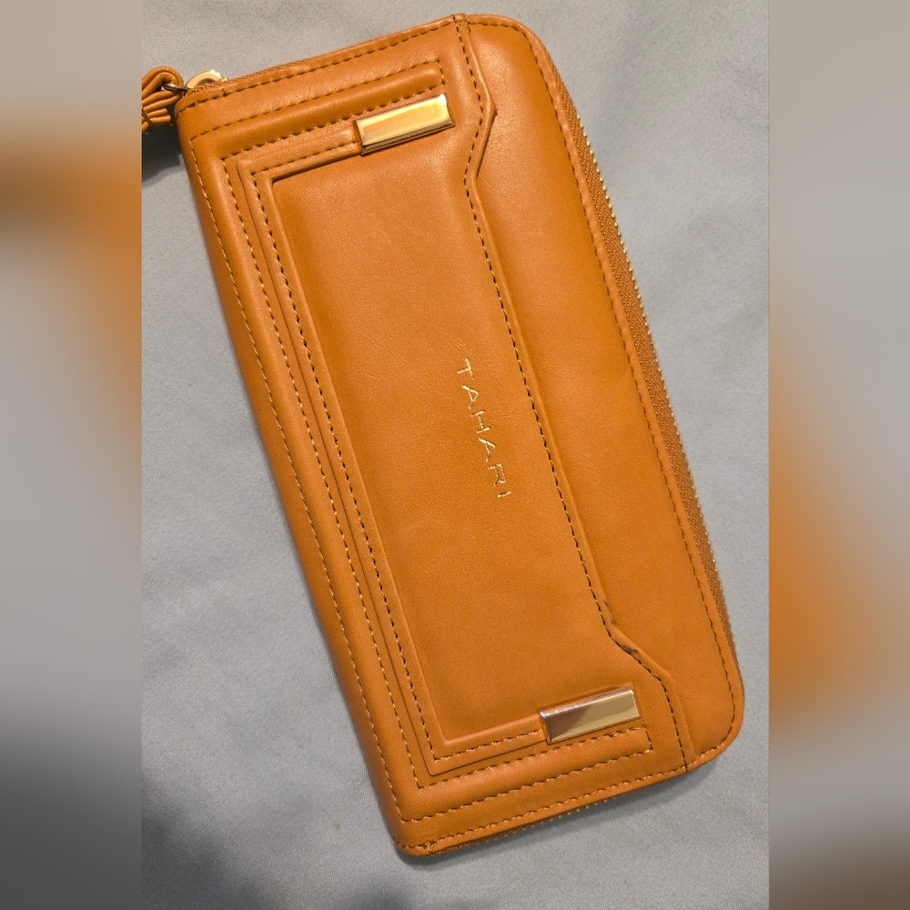 Tahari Tan Zip Wallet with Gold Accents